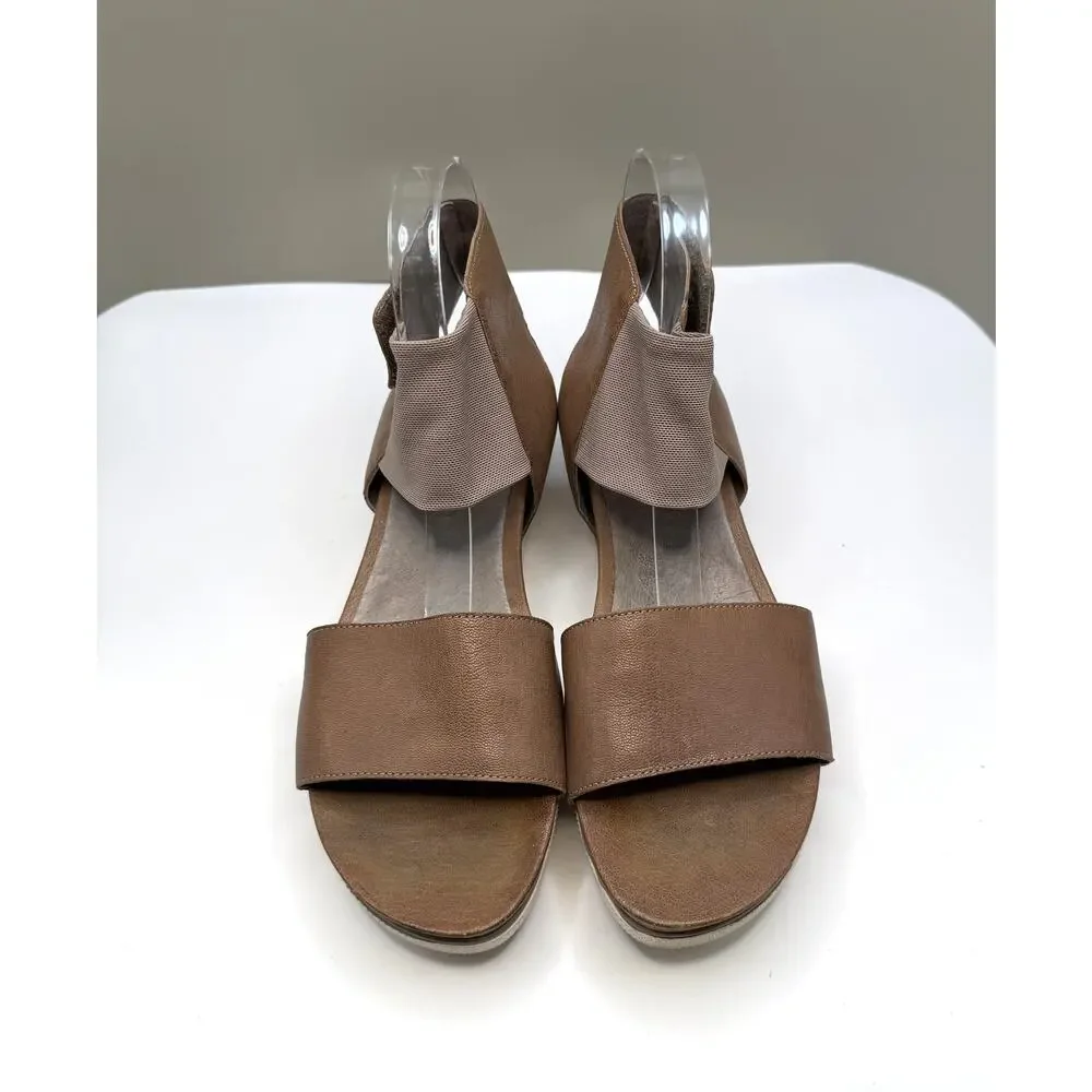EILEEN FISHER Sandal Spree Sport Size 9 Tan Leather Stretch Mesh Ankle Strap